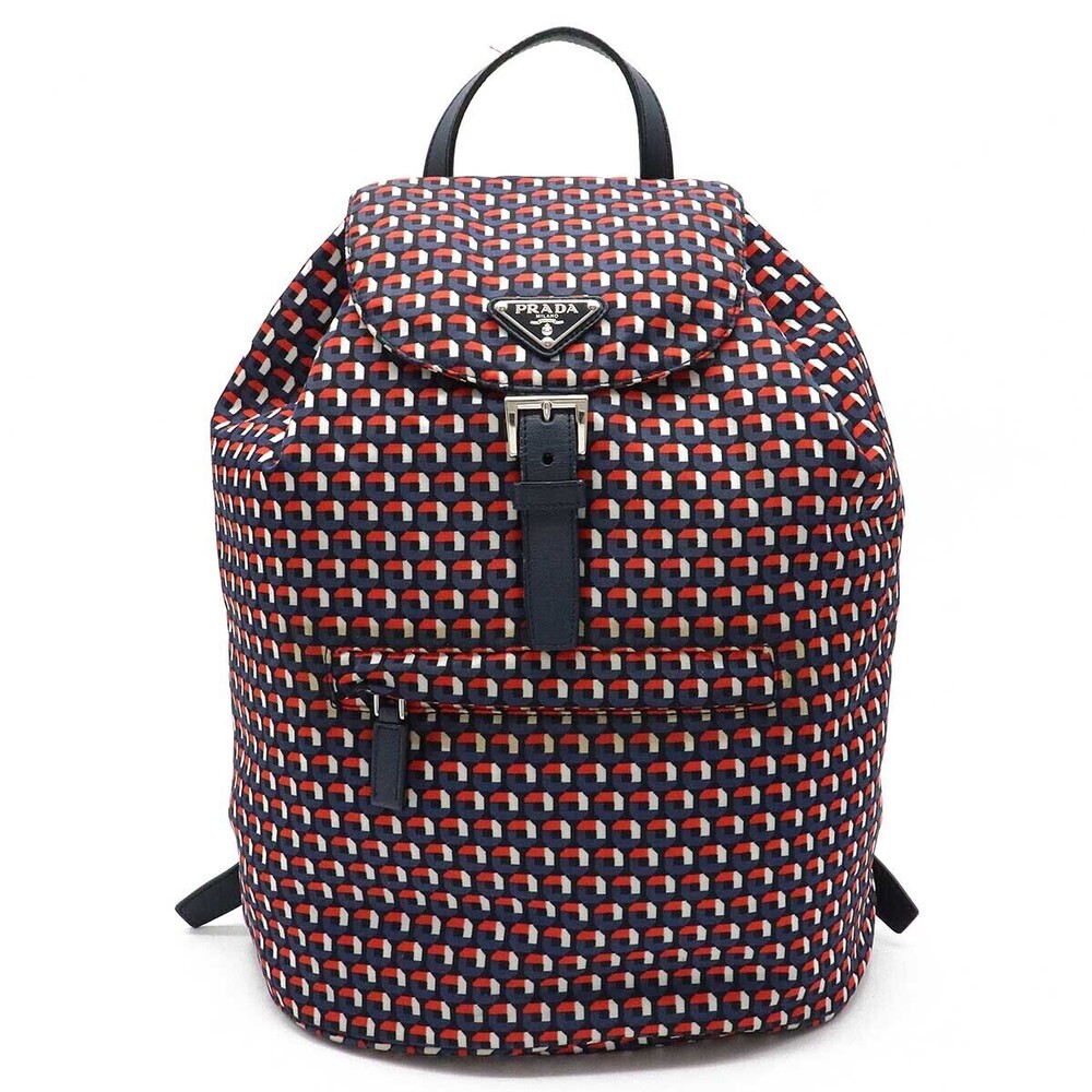 Prada Backpack Rucksack Shoulder Bag All over Leather Navy Blue Red White